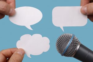 public relations interview microphone with quotes