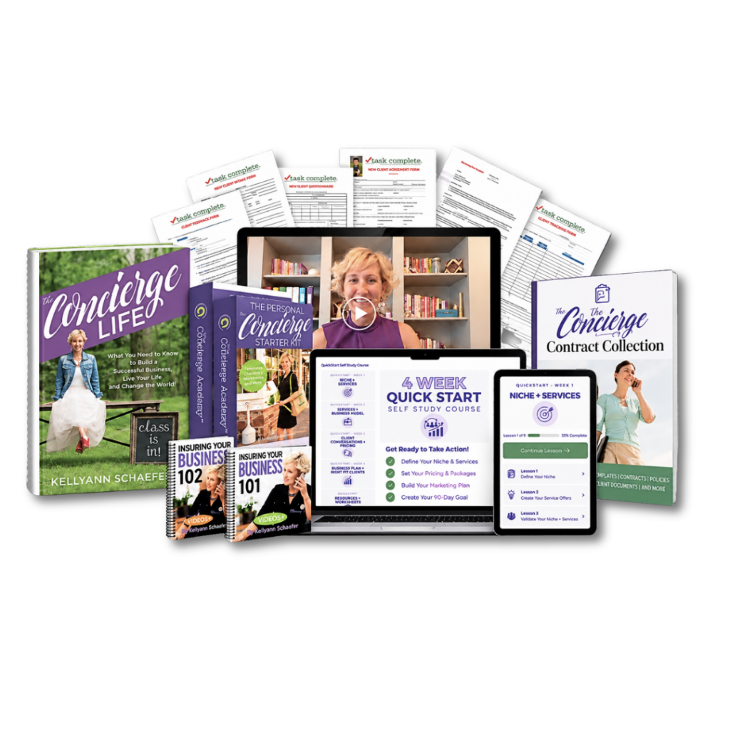 The Concierge Products, business tools and templates, featuring The Concierge Life book, Starter Kit, Contract Collection, QuickStart Self-Study Course, and business resources.
